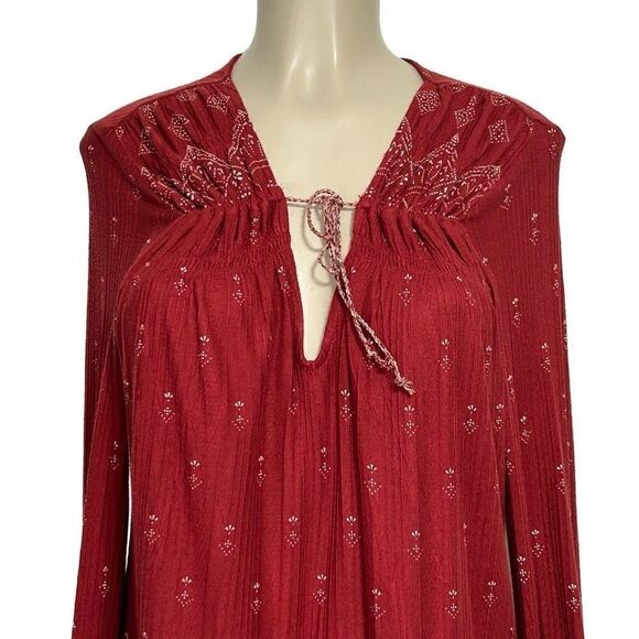 Lucky Brand Brick Red Top Women’s Large Long Sleeve Boho Blouse Tassel Popover - Picture 2 of 14